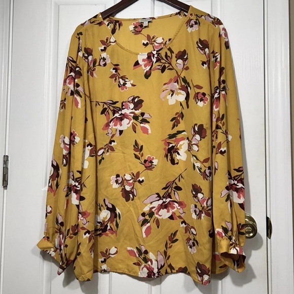 Talbots Plus 3X Golden Yellow Floral Chiffon Blouse Tunic Romantic Floral Flowy - Picture 1 of 8